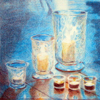 Tekening getiteld "Lumières" door Chantal Macé, Origineel Kunstwerk, Potlood Gemonteerd op Glas