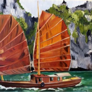 Painting titled "SAMPAN" by Chantal Le Mesle, Original Artwork, Oil