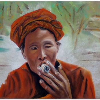 Ζωγραφική με τίτλο "Femme-au-cigare." από Chantal Le Mesle, Αυθεντικά έργα τέχνης, Παστέλ