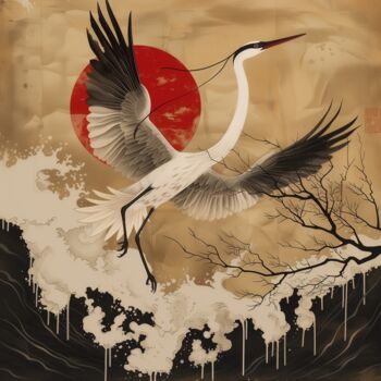 Arts numériques intitulée "Japandi Crane digit…" par Chantasia Art, Œuvre d'art originale, Image générée par l'IA