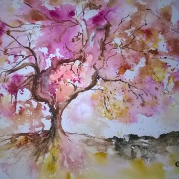 Painting titled "Arbre de vie" by Chantal Aviles, Original Artwork, Watercolor Mounted on Glass