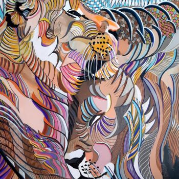 Painting titled "Couple de Lions" by Chap, Original Artwork, Acrylic Mounted on Wood Stretcher frame