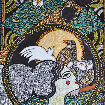 Zeichnungen mit dem Titel "Lady and birds" von Emilie Chaplain, Original-Kunstwerk, Tinte