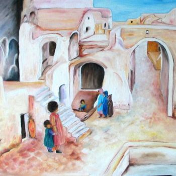 Painting titled "village sud marocain" by Martine Bécuwe, Original Artwork, Oil