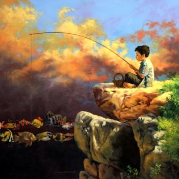Peinture intitulée "Partie de pêche" par Abdelaziz Charkaoui, Œuvre d'art originale