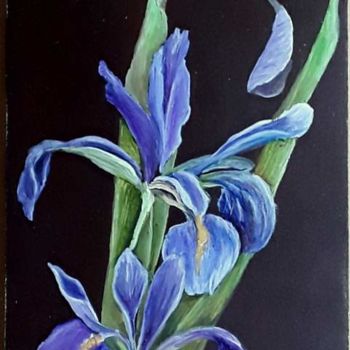 Painting titled "Small Siberian Iris" by Charlene Wooden, Original Artwork, Oil Mounted on Wood Panel