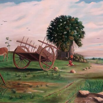 Pintura intitulada "La charrette à la f…" por Charles Corbin, Obras de arte originais, Óleo