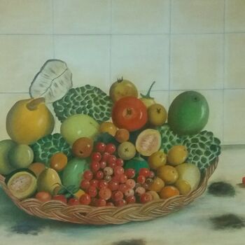 Peinture intitulée "Panier de fruits ex…" par Charles Corbin, Œuvre d'art originale, Huile