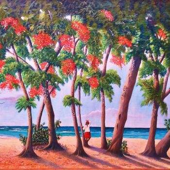 Painting titled "La plage aux flambl…" by Charles Corbin, Original Artwork, Oil Mounted on Wood Stretcher frame
