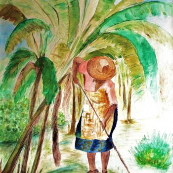 Painting titled "A l'ombre  des bana…" by Charles Corbin, Original Artwork, Watercolor