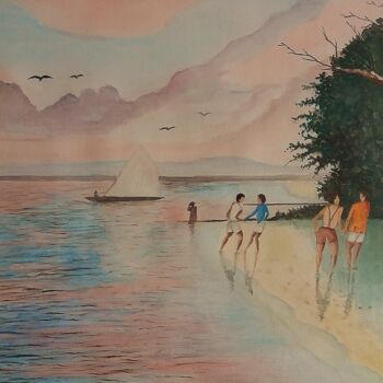 Peinture intitulée "Coucher de soleil" par Charles Corbin, Œuvre d'art originale, Aquarelle