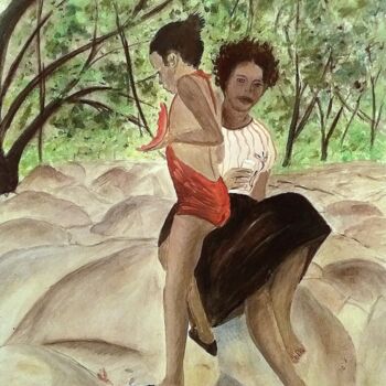 Schilderij getiteld "Mère et fille" door Charles Corbin, Origineel Kunstwerk