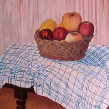 Peinture intitulée ".Panier de fruits" par Charles Corbin, Œuvre d'art originale, Huile