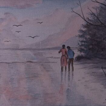 Painting titled "Les amoureux" by Charles Corbin, Original Artwork, Watercolor