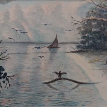 Painting titled "Crépuscule" by Charles Corbin, Original Artwork, Watercolor