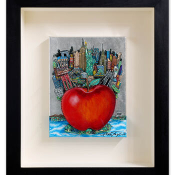 제목이 "Red Apple on the Wa…"인 판화 Charles Fazzino로, 원작, 스크린 인쇄 나무 들것 프레임에 장착됨