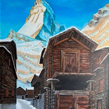 Painting titled "Vieux Zermatt et Ce…" by Charles Lienemann, Original Artwork, Acrylic Mounted on Wood Stretcher frame