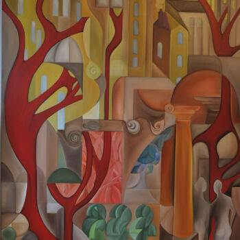 Malerei mit dem Titel "Tuin in de stad 2" von Charles Mulder, Original-Kunstwerk, Öl