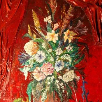 Painting titled "Fleurs au rideau ro…" by Charles Peñalba, Original Artwork