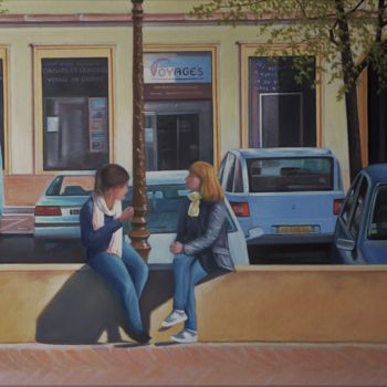 Painting titled "Pause Amicale" by Charles Unger, Original Artwork, Oil Mounted on Wood Stretcher frame