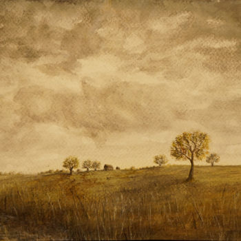 Painting titled "Paysage de Flandre…" by Charles Dubus, Original Artwork, Watercolor