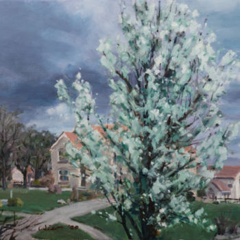 Painting titled "Peach Tree in Spring" by Charles Jiao, Original Artwork, Oil