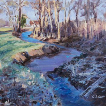 Pintura intitulada "Creek in Winter" por Charles Jiao, Obras de arte originais, Óleo
