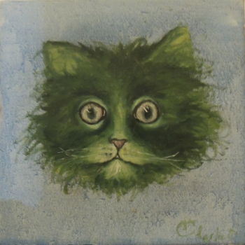 Painting titled "chaton vert" by Charlie D, Original Artwork, Oil