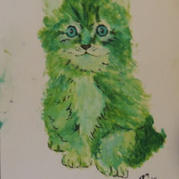 Painting titled "Chaton vert 2" by Charlie D, Original Artwork, Watercolor