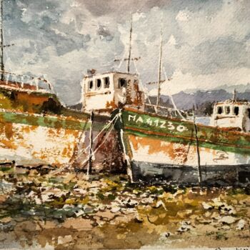 Peinture intitulée "bateaux echoués" par Christian Charlier, Œuvre d'art originale, Aquarelle