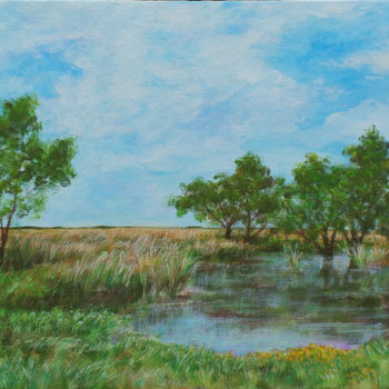 Painting titled "Trees and Creek" by Charlie Zhao, Original Artwork, Acrylic