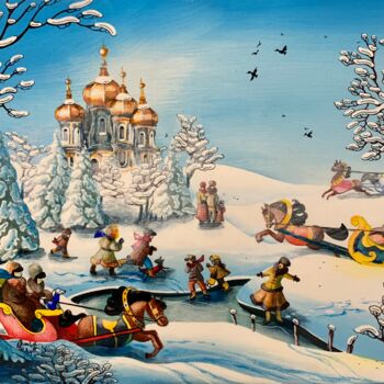 Painting titled "Scène d’hiver aux t…" by Charlotte Lachapelle, Original Artwork, Acrylic