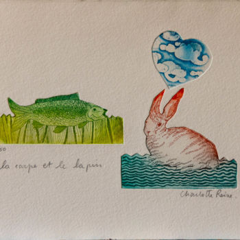 Gravures & estampes intitulée "La Carpe et le Lapin" par Charlotte Reine, Œuvre d'art originale, Eau-forte