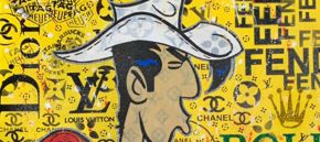 Schilderij getiteld "Lucky Luke Rolex" door Charlie D, Origineel Kunstwerk, Acryl Gemonteerd op Frame voor houten brancard