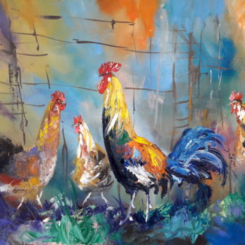 Painting titled "Le Coq III" by Charly, Original Artwork, Oil Mounted on Wood Stretcher frame