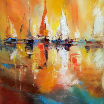 Painting titled "Orange,les voiliers…" by Charly, Original Artwork, Oil