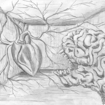 Drawing titled "мозг убивает сердце" by Chaspikot Tokipsach, Original Artwork, Pencil