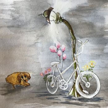 Painting titled "Vélo blanc Accideath" by Marie-Noelle Chauny, Original Artwork, Watercolor