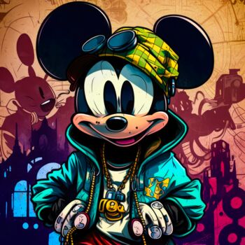 「Hip Hop Mickey」というタイトルのデジタルアーツ Cheeky Bunny (Pop Art)によって, オリジナルのアートワーク, デジタル絵画 ウッドストレッチャーフレームにマウント