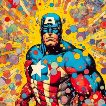 Digital Arts titled "POP Captain America" by Cheeky Bunny (Pop Art), Original Artwork, Digital Painting Mounted on Wood Stre…