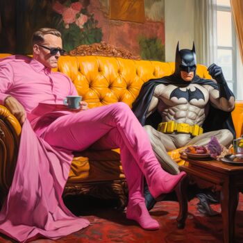数字艺术 标题为“Batman on therapy” 由Cheeky Bunny (Pop Art), 原创艺术品, 数字油画 安装在木质担架架上