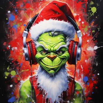 Digital Arts titled "Christmas Grinch" by Cheeky Bunny (Pop Art), Original Artwork, Digital Painting Mounted on Wood Stretch…