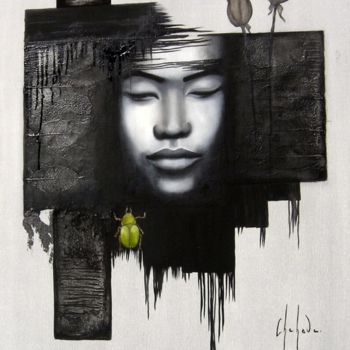 Schilderij getiteld "Le scarabée vert" door B Chehade, Origineel Kunstwerk, Olie