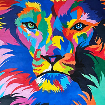Painting titled "Lion multicolore" by Cheickna Coulibaly, Original Artwork, Acrylic Mounted on Wood Stretcher frame