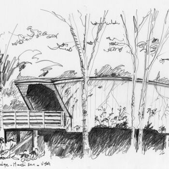 Disegno intitolato "Cedar Bridge, Madis…" da Chelo Leyria, Opera d'arte originale, Matita