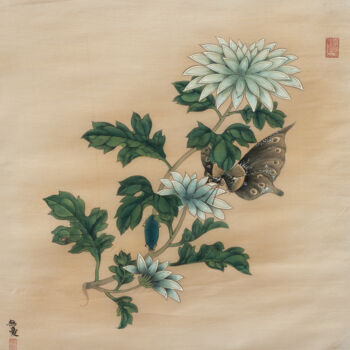 Painting titled "花鳥冊頁之菊蝶" by Chen Jun Cao Tang Wu You, Original Artwork, Ink