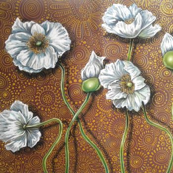 Dessin intitulée "White Poppies on Br…" par Cherie Roe Dirksen, Œuvre d'art originale, Craie