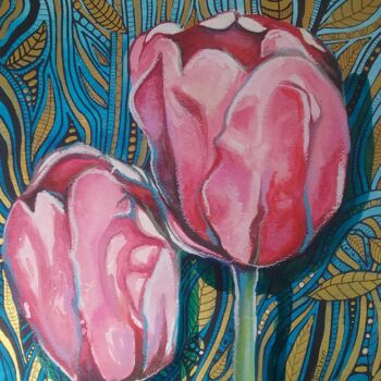 Pintura titulada "Pink Tulips" por Cherie Roe Dirksen, Obra de arte original, Acuarela