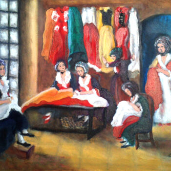 Pittura intitolato "Donne al lavoro nel…" da Chiara Machetti, Opera d'arte originale, Olio