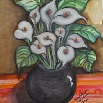 Painting titled "White lilies in a e…" by Chicana Artist.... Ruth Olivar Millan, Original Artwork, Oil